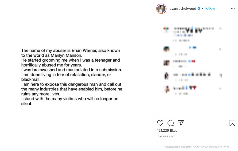 エヴァンが公開した虐待被害の声明（画像は『Evan Rachel Wood　2021年2月1日付Instagram』のスクリーンショット）