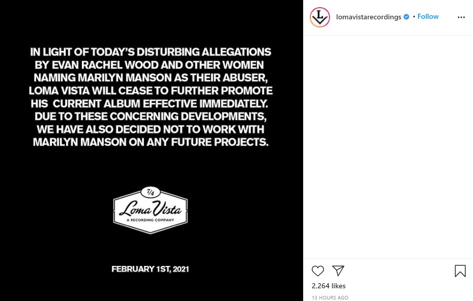 マリリンの所属レーベルは契約解除を発表（画像は『LOMA VISTA RECORDINGS　2021年2月1日付Instagram』のスクリーンショット）