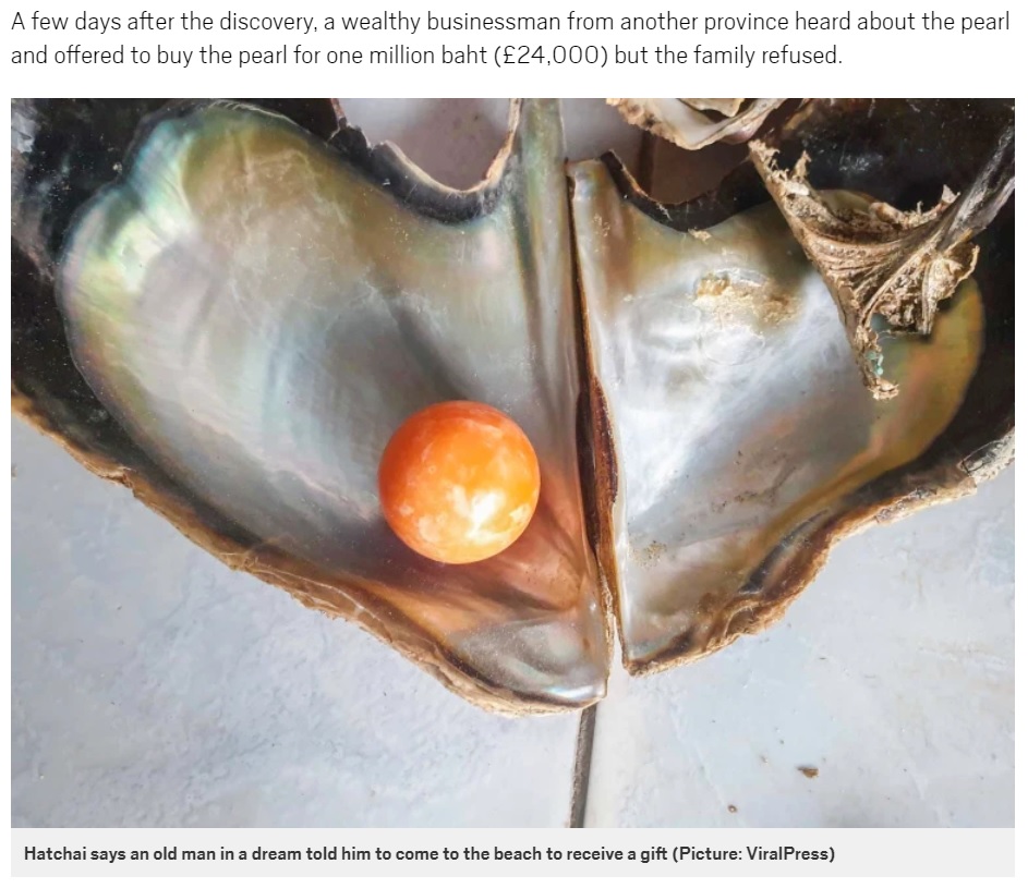 買い取りオファーの最高額は1千万バーツ（約3,500万円）にも（画像は『Metro　2021年2月4日付「Poor fisherman finds rare pearl worth ￡250,000 while picking up shells」（Picture: ViralPress）』のスクリーンショット）