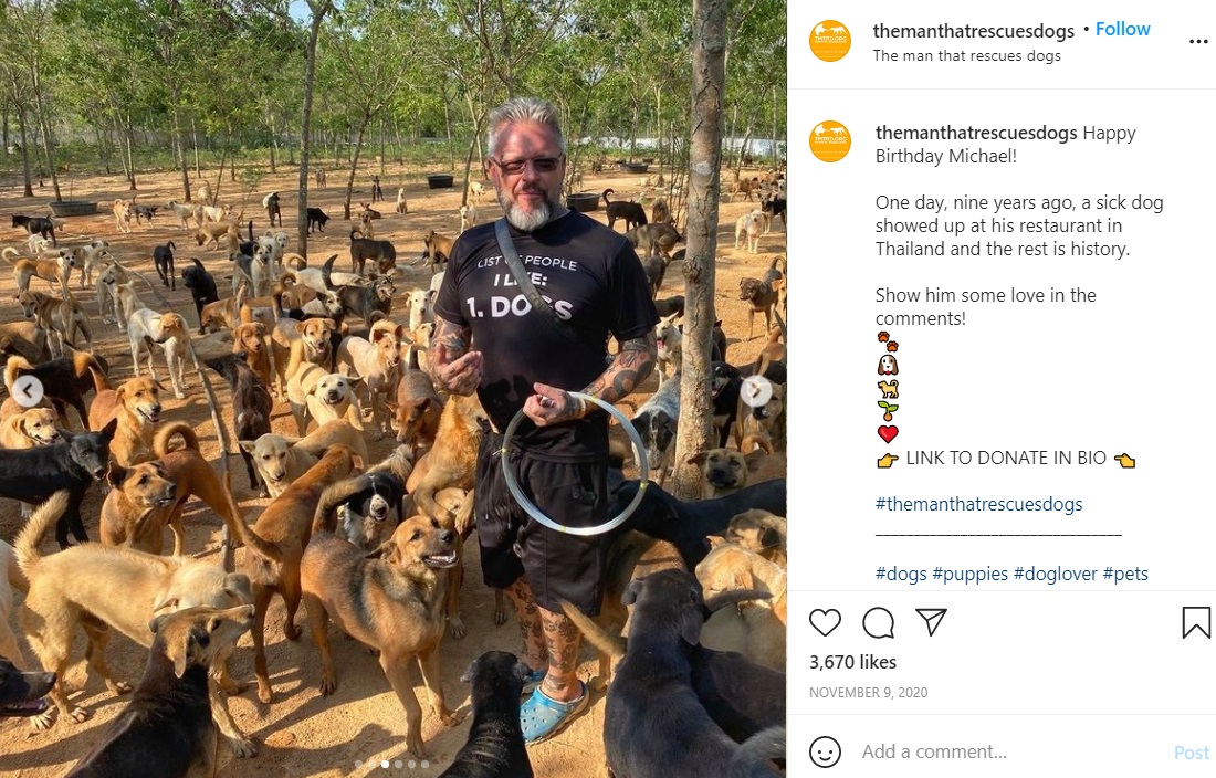 2011年に動物の保護活動を始めたマイケルさん（画像は『The Man That Rescues Dogs　2020年11月9日付Instagram「Happy Birthday Michael!」』のスクリーンショット）