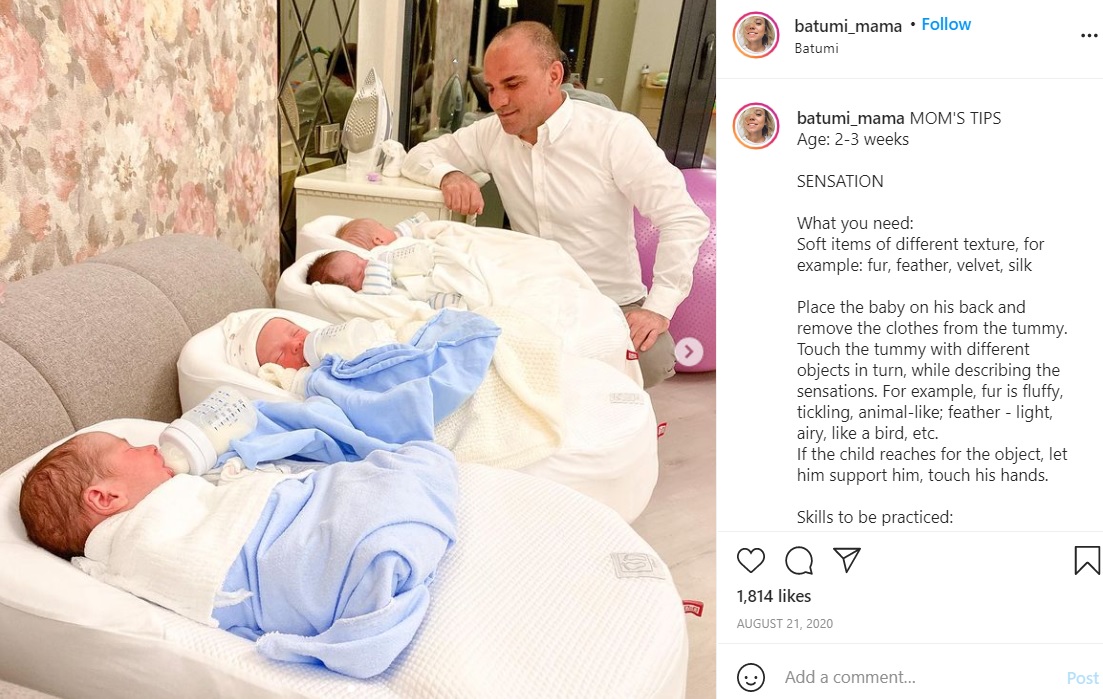 生後2～3週間の4人の子供たちとガリップさん（画像は『Кристина Озтюрк　2020年8月21日付Instagram「MOM’S TIPS」』のスクリーンショット）