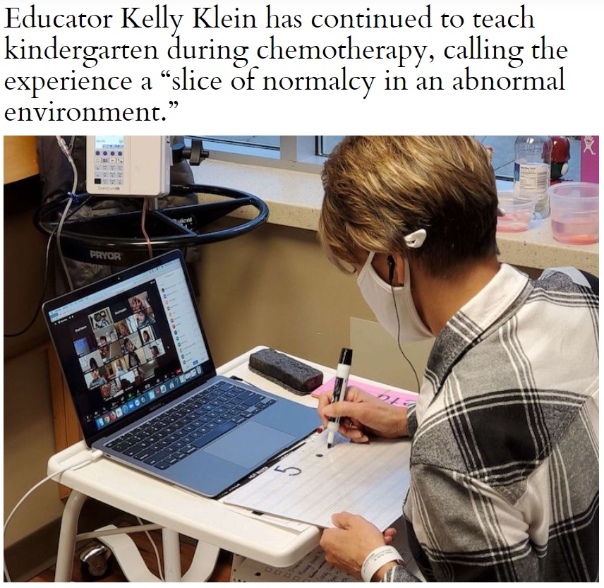 化学療法を受ける病室からオンライン授業を行う幼稚園の先生（画像は『My Modern Met　2021年1月29日付「Passionate Teacher Virtually Educates Her Students During Chemo Appointments」』のスクリーンショット）