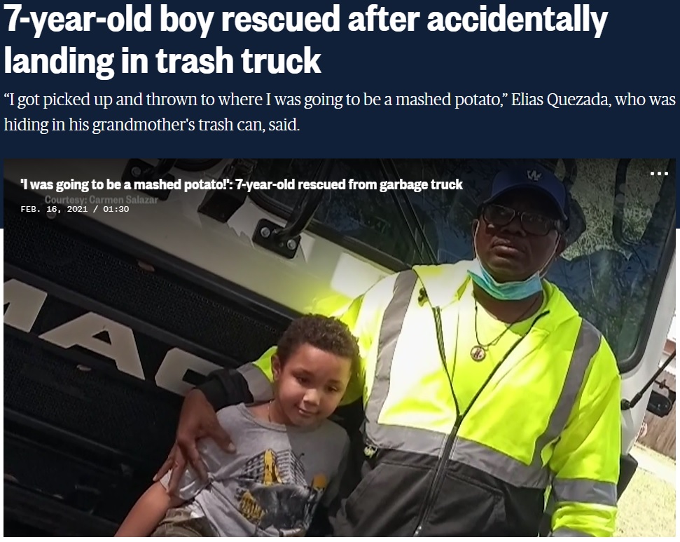 間一髪のところで助かった7歳児とゴミ収集車の運転手（画像は『NBC News　2021年2月16日付「7-year-old boy rescued after accidentally landing in trash truck」』のスクリーンショット）