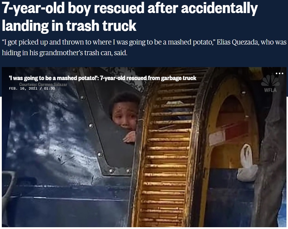 ゴミ収集車に投げ込まれてしまったエリアス君（画像は『NBC News　2021年2月16日付「7-year-old boy rescued after accidentally landing in trash truck」』のスクリーンショット）