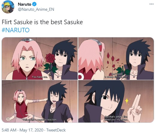 『NARUTO-ナルト-』に登場するサクラとサスケ（画像は『Naruto　2020年5月17日付Twitter「Flirt Sasuke is the best Sasuke」』のスクリーンショット）