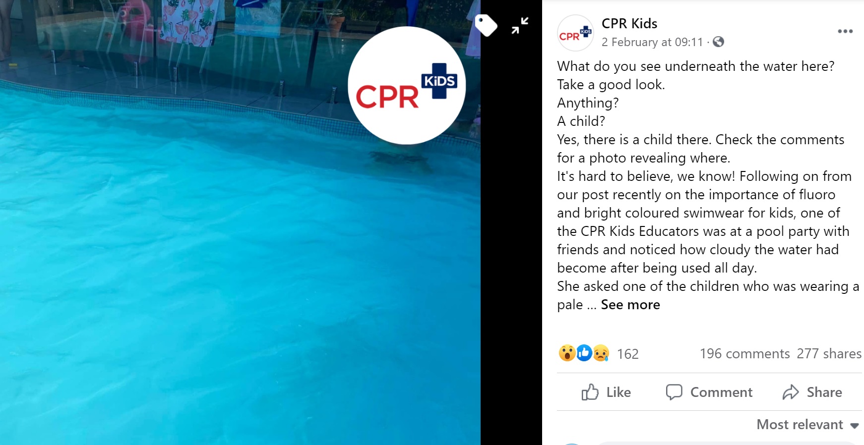 なんの変哲もないプールの写真だが…（画像は『CPR Kids　2021年2月2日付Facebook「What do you see underneath the water here?」』のスクリーンショット）