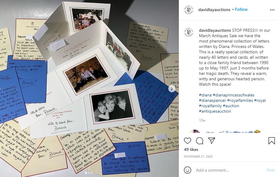 ダイアナ妃が友人宛てに書いた手紙とカード（画像は『David Lay Auctions　2020年11月27日付Instagram「STOP PRESS!!!」』のスクリーンショット）