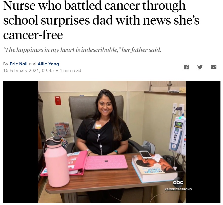 辛い治療の最中にも看護の勉強を続けたヴィクトリアさん（画像は『ABC News　2021年2月16日付「Nurse who battled cancer through school surprises dad with news she’s cancer-free」』のスクリーンショット）