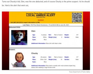 【海外発！Breaking News】誘拐事件速報ページに容疑者として“チャッキー”人形が！　「テスト用でした」と米テキサス州公安局