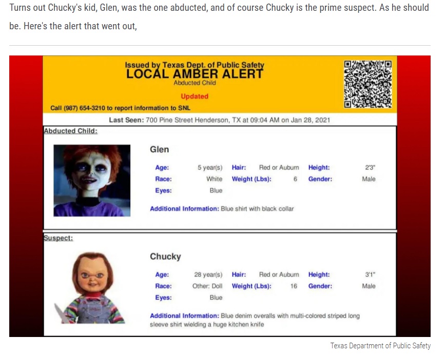 容疑者は“チャッキー”、誘拐された子は“グレン”!?（画像は『KRock 1017　2021年1月29日付「Texas DPS Issues AMER Alert for Chucky Doll」（Texas Department of Public Safety）』のスクリーンショット）