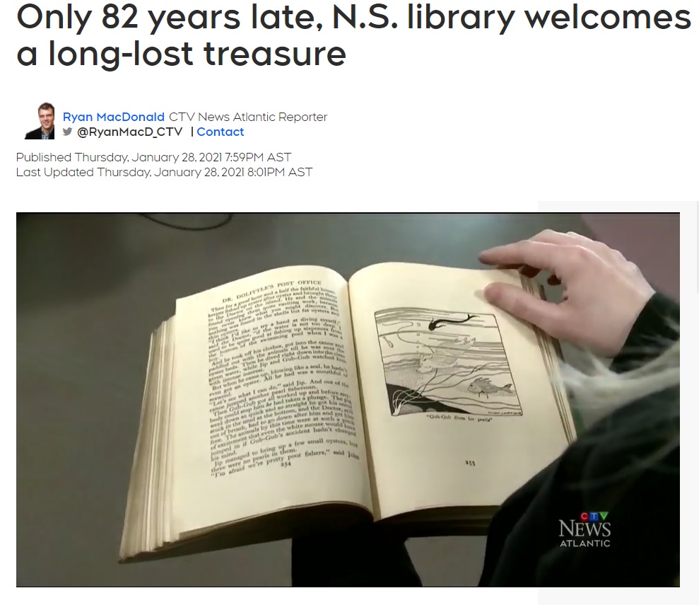 屋根裏に長年放置されていたわりに、状態はかなり良さそうだった本（画像は『CTV News Atlantic　2021年1月28日付「「Only 82 years late, N.S. library welcomes back book as if it’s a long-lost treasure」』のスクリーンショット）