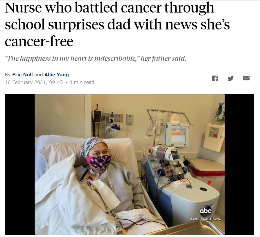 治療は辛く長かったと明かすヴィクトリアさん（画像は『ABC News　2021年2月16日付「Nurse who battled cancer through school surprises dad with news she’s cancer-free」』のスクリーンショット）