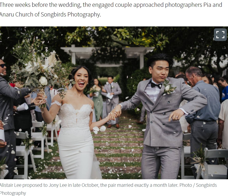 昨年11月に結婚した20歳のジョニーさんとアリスターさん（画像は『NZ Herald　2020年11月30日付「Young couple surprise wedding guests with touching tribute to bride's mother」（Photo / Songbirds Photography）』のスクリーンショット）