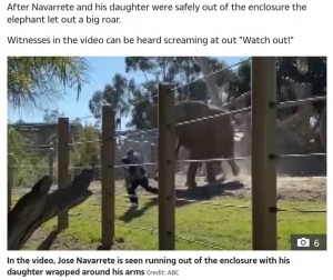 怒った象が親子に突進（画像は『The Sun　2021年3月21日付「‘A BIG ROAR’ Shock moment huge elephant charges at man who took his toddler daughter INSIDE enclosure at San Diego zoo」（Credit: ABC）』のスクリーンショット）