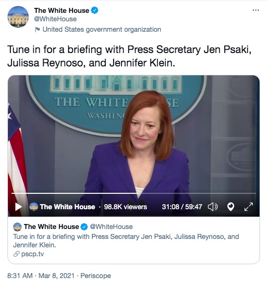 メーガン妃＆ヘンリー王子のインタビューに言及したジェン・サキ大統領報道官（画像は『The White House　2021年3月8日付Twitter「Tune in for a briefing with Press Secretary Jen Psaki, Julissa Reynoso, and Jennifer Klein.」』のスクリーンショット）