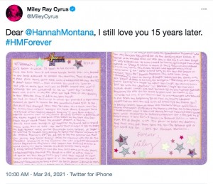 15周年を記念してマイリーが綴ったラブレター（画像は『Miley Ray Cyrus　2021年3月24日付Twitter「Dear ＠HannahMontana, I still love you 15 years later.」』のスクリーンショット）