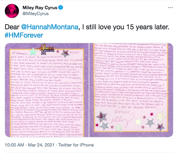 15周年を記念してマイリーが綴ったラブレター（画像は『Miley Ray Cyrus　2021年3月24日付Twitter「Dear ＠HannahMontana, I still love you 15 years later.」』のスクリーンショット）
