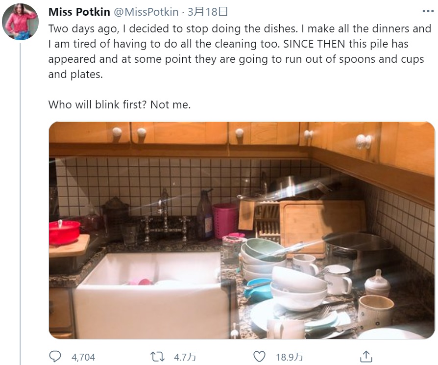 キッチンで山積みになった食器（画像は『Miss Potkin　2021年3月18日付Twitter「Two days ago, I decided to stop doing the dishes.」』のスクリーンショット）