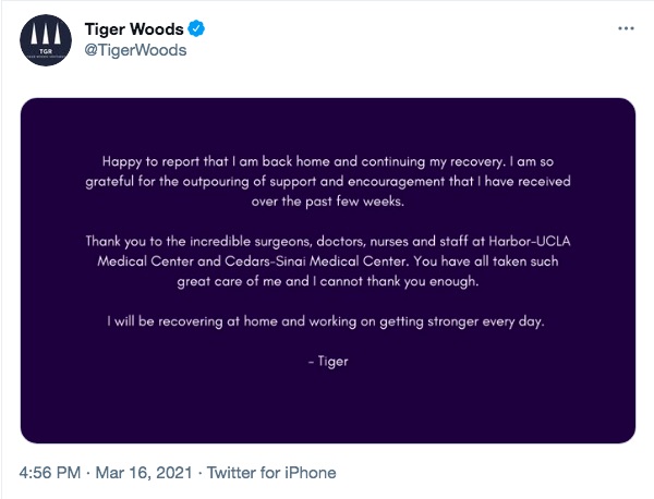 ファンや病院スタッフに感謝の意を綴ったタイガー（画像は『Tiger Woods　2021年3月16日付Twitter』のスクリーンショット）