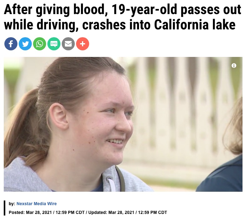 一命を取り留めたメアリーさん（画像は『FOX 4 Kansas City　2021年3月28日付「After giving blood, 19-year-old passes out while driving, crashes into California lake」』のスクリーンショット）