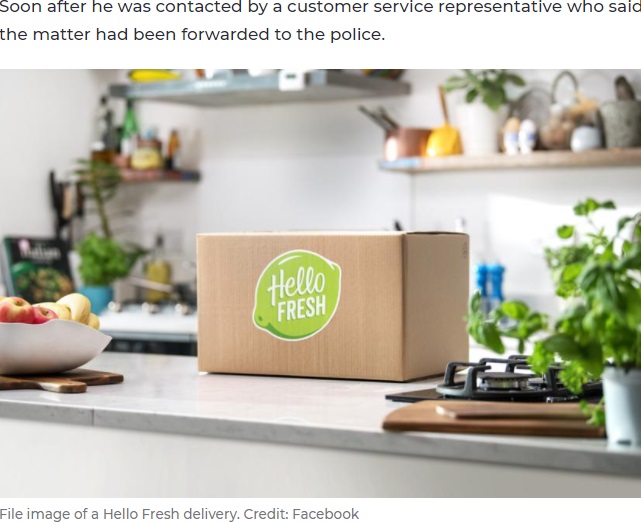 材料とレシピを同梱して配達するミールキットサービスが人気の「Hello FRESH」（画像は『7NEWS.com.au　2021年3月3日付「HelloFresh driver busted by Queensland couple in ‘brazen’ home delivery act」（Credit: Supplied to 7NEWS）』のスクリーンショット）