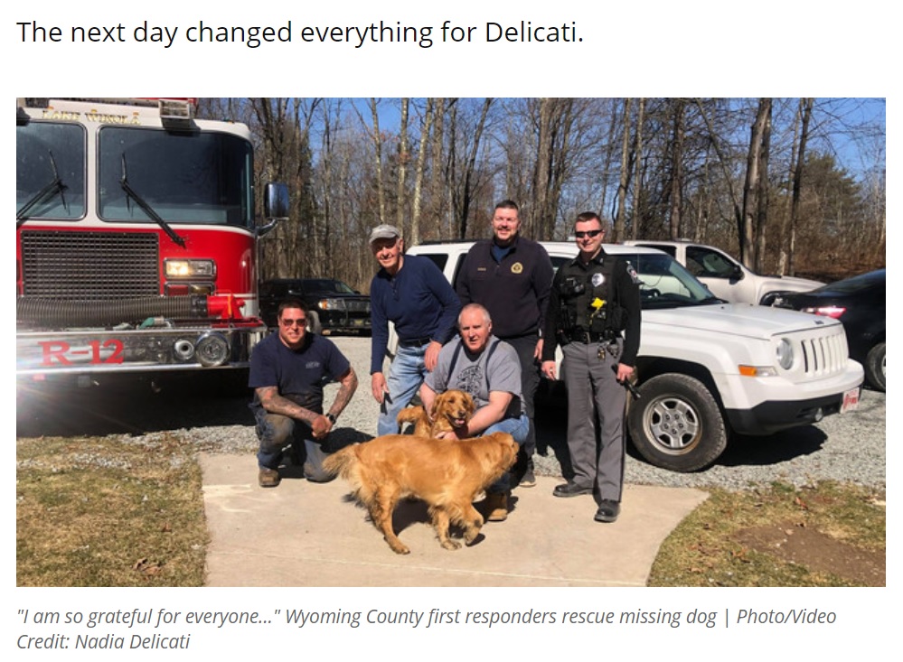 助けてくれた消防隊員1人1人に、感謝のキスをして回ったブランディ（画像は『FOX56　2021年3月26日付「“I am so grateful for everyone...” Wyoming County first responders rescue missing dog」（Photo/Video Credit: Nadia Delicati）』のスクリーンショット）