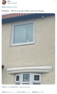 愛猫が向かいの家の窓から飼い主を見下ろす面白写真も（画像は『Sam　2021年3月28日付Twitter「Brilliant .. this is my cat, that’s not my house.」』のスクリーンショット）