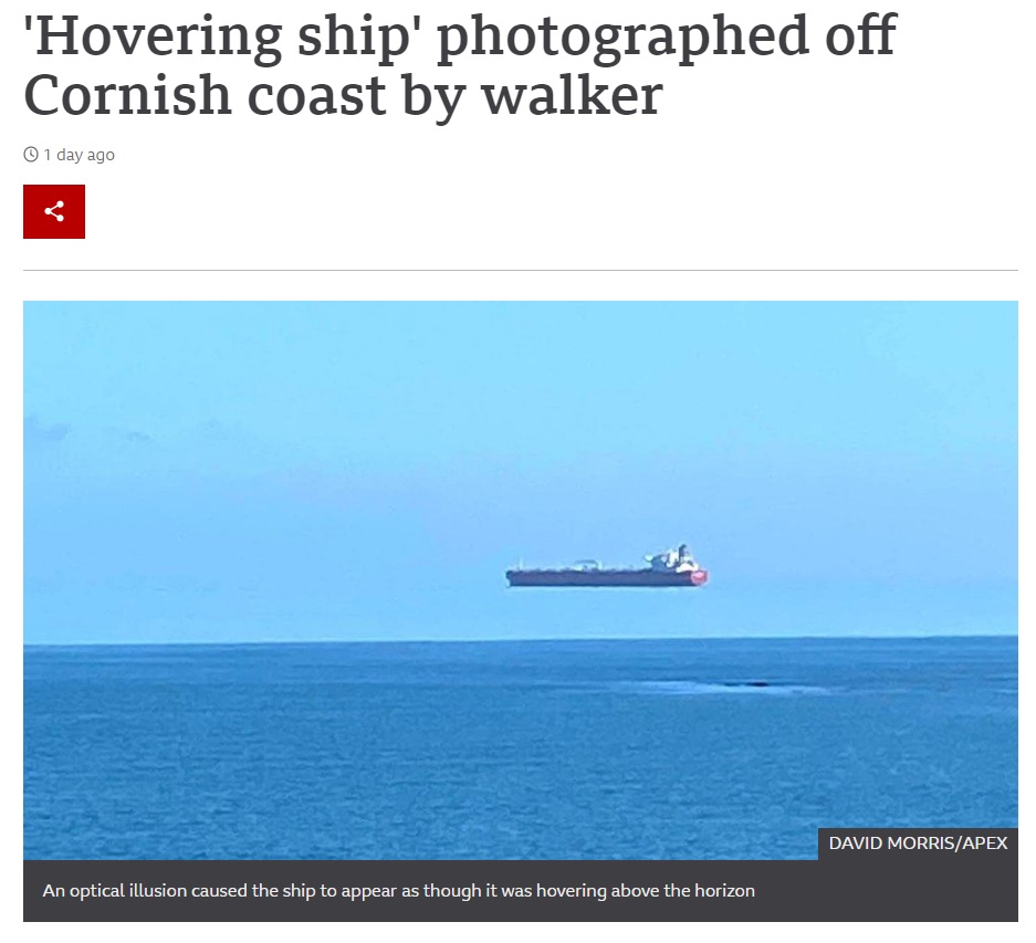 「船は地平線に浮いている」と主張する人も（画像は『BBC News　2021年3月5日付「‘Hovering ship’ photographed off Cornish coast by walker」（DAVID MORRIS/APEX）』のスクリーンショット）