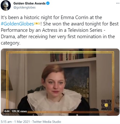 ヘンリー王子への感謝を述べたエマ・コリン（画像は『Golden Globe Awards　2021年3月1日付Twitter「It’s been a historic night for Emma Corrin at the ＃GoldenGlobes!」』のスクリーンショット）