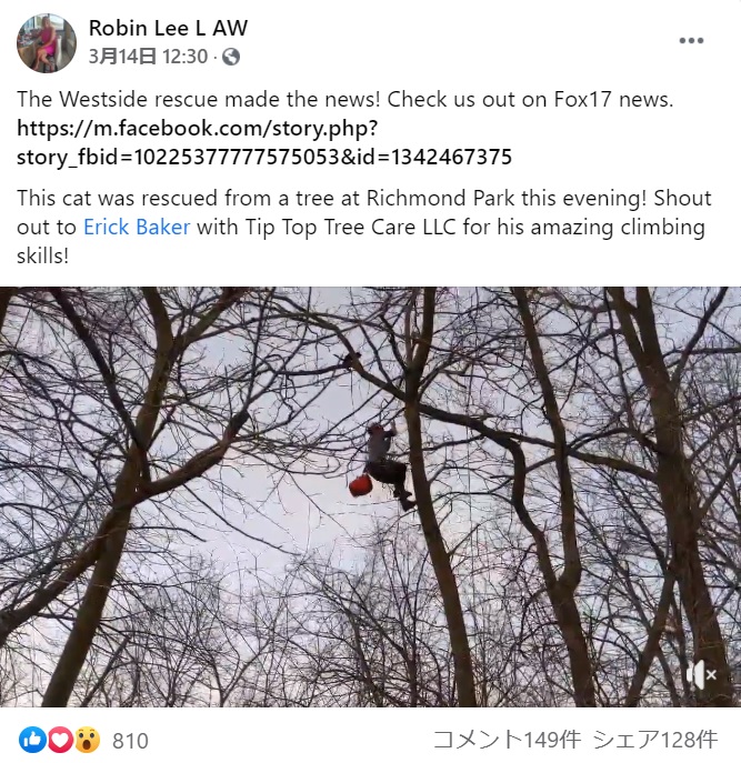 するすると木を登っていった樹木医（画像は『Robin Lee L AW　2021年3月14日付Facebook「The Westside rescue made the news! Check us out on Fox17 news.」』のスクリーンショット）