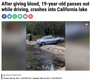 【海外発！Breaking News】献血後、車を運転して帰宅中に失神　湖に転落も一命を取り留めた女性（米）