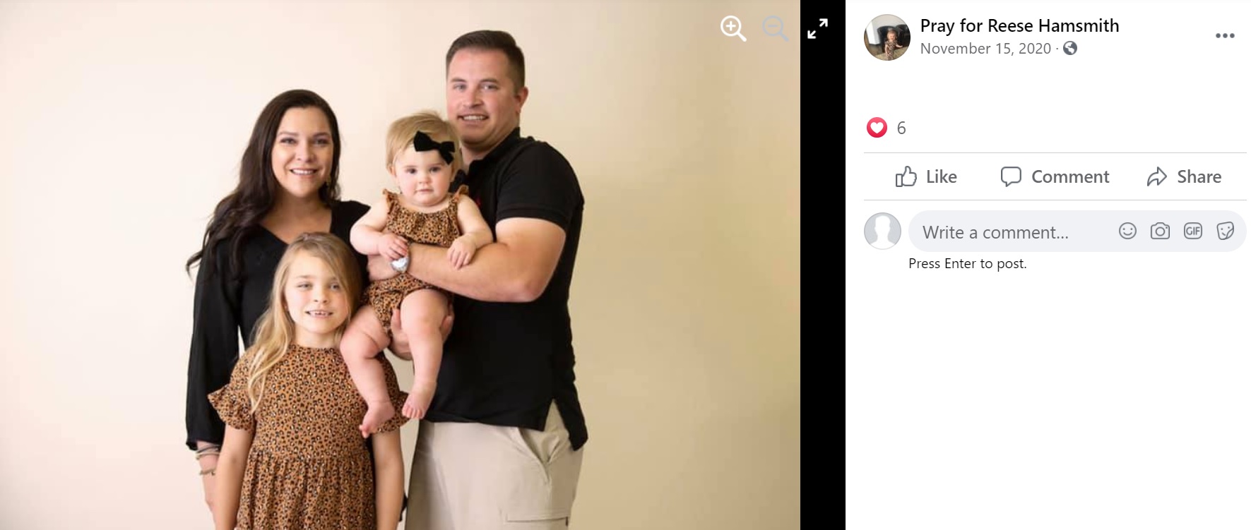 リースちゃんと家族（画像は『Pray for Reese Hamsmith　2020年11月15日付Facebook』のスクリーンショット）