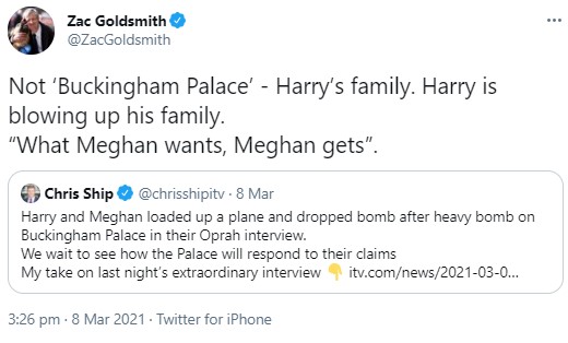 「ヘンリーは自分の家族を破壊した」とザック・ゴールドスミス氏（画像は『Zac Goldsmith　2021年3月8日付Twitter「Not ‘Buckingham Palace’ - Harry’s family.」』のスクリーンショット）
