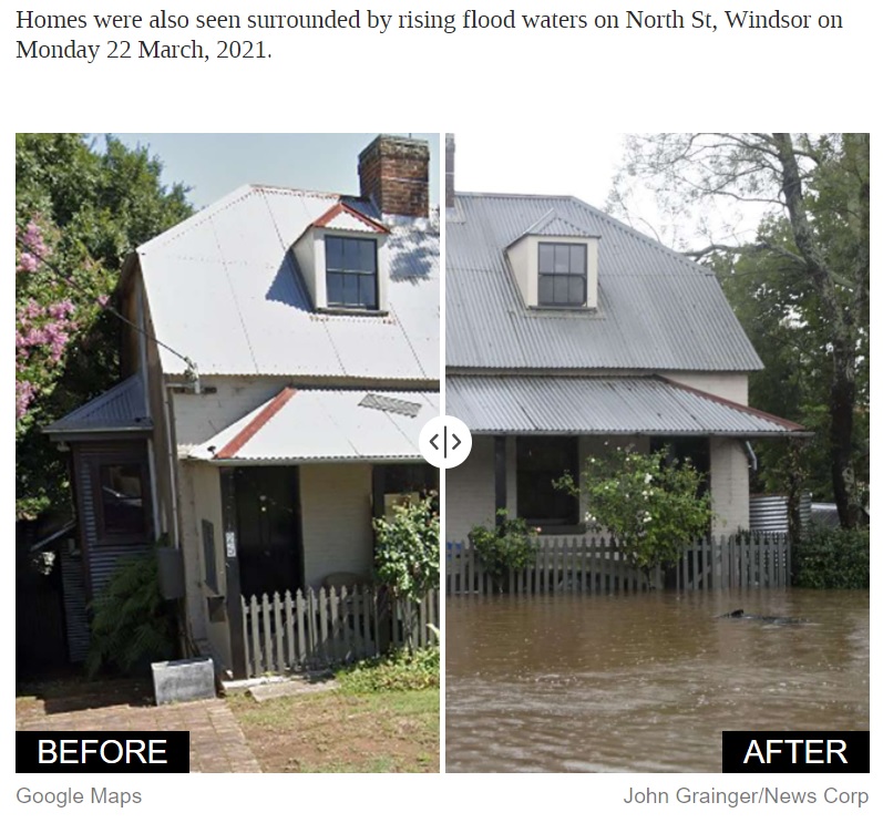 100年に一度の大洪水により、家の目の前も濁流に飲まれた（画像は『news.com.au　2021年3月22日付「Photos that show the devastation caused by floods in NSW」（John Grainger/News Corp）』のスクリーンショット）