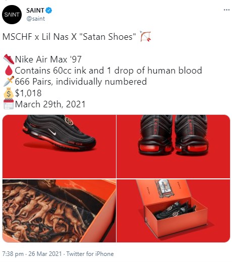 ナイキのエアマックス97のソールに血液を入れた「悪魔の靴」（画像は『SAINT　2021年3月26日付Twitter「MSCHF x Lil Nas X “Satan Shoes”」』のスクリーンショット）