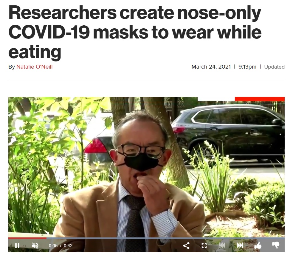 通常のマスクを外すと、顔には鼻だけマスクが装着されている（画像は『New York Post　2021年3月24日付「Researchers create nose-only COVID-19 masks to wear while eating」』のスクリーンショット）