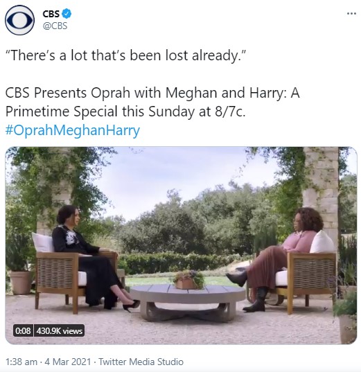 オプラ・ウィンフリーの質問に答えるメーガン妃（画像は『CBS　2021年3月4日付Twitter「“There’s a lot that’s been lost already.”」』のスクリーンショット）