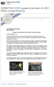 警察の声明文と押収した拳銃の写真（画像は『Virginia Beach PD　2021年3月29日付Twitter「CORRECTION ＃VPBD Update to the March 26, 2021, Officer Involved Shooting」』のスクリーンショット）