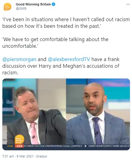 口論になったピアース・モーガンとアレックス・ベレスフォード（画像は『Good Morning Britain　2021年3月9日付Twitter「‘I’ve been in situations where I haven’t called out racism based on how it’s been treated in the past.’」』のスクリーンショット）