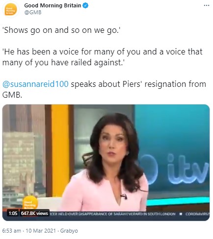 5年以上にわたって番組でモーガンと共演したスザンナ・リード（画像は『Good Morning Britain　2021年3月10日付Twitter「‘Shows go on and so on we go.’」』のスクリーンショット）