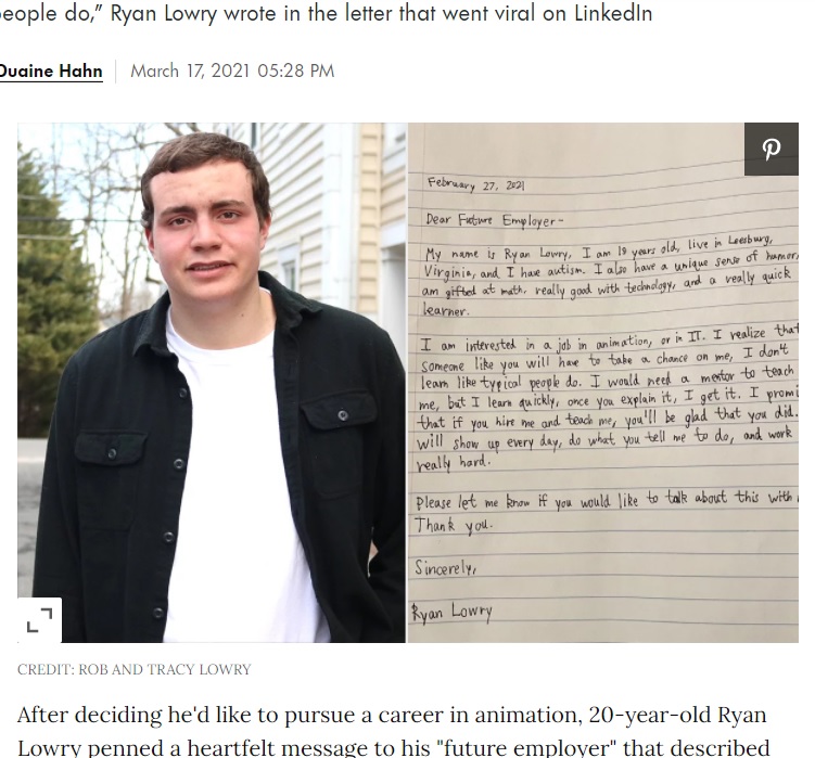 自閉症男性のカバーレターに絶賛の声（画像は『People.com　2021年3月17日付「20-Year-Old with Autism Pens Viral Letter to His ‘Future Employer’: ‘Take a Chance on Me’」（CREDIT: ROB AND TRACY LOWRY）』のスクリーンショット）