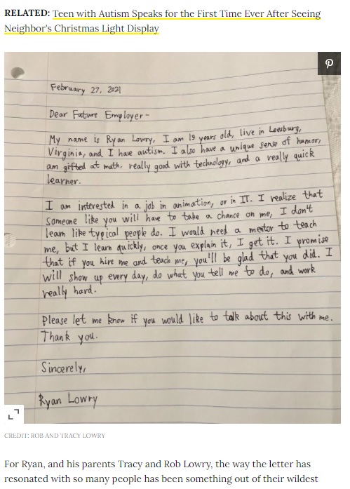 人々の心に刺さったというライアンさんの手書きのカバーレター（画像は『People.com　2021年3月17日付「20-Year-Old with Autism Pens Viral Letter to His ‘Future Employer’: ‘Take a Chance on Me’」（CREDIT: ROB AND TRACY LOWRY）』のスクリーンショット）