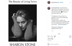 シャロンの回顧録『The Beauty of Living Twice』（画像は『Sharon Stone　2021年1月8日付Instagram「I have learned to forgive the unforgivable.」』のスクリーンショット）