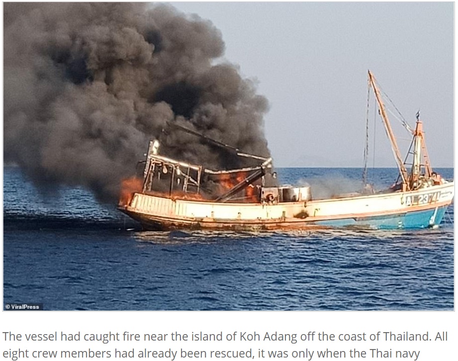 激しく炎上した船は最終的に海の底へ（画像は『Express Informer　2021年3月3日付「Saved from cat-astrophe: Four cats are rescued from a sinking ship by Thai navy」（ViralPress）』のスクリーンショット）
