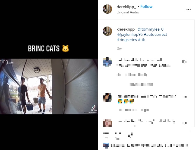 バットの代わりにキャット（猫）を連れてやってきた友人たち（画像は『Derek Lipp　2021年3月27日付Instagram「＠tommylee_0 ＠jaylenlipp95 ＃autocorrect ＃ringseries ＃tik」』のスクリーンショット）