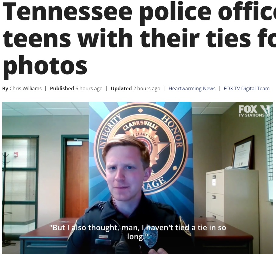 「ネクタイを結ぶのは久しぶりだった」とアダムさん（画像は『FOX 35 Orlando　2021年4月5日付「‘This is the way it should be’: Tennessee police officer helps teens with their ties for senior photos」』のスクリーンショット）