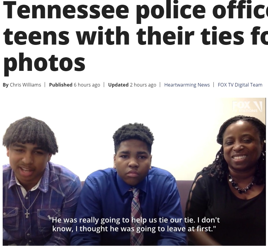 卒業アルバム用の写真を撮りに行くところだったイライジャさんとジェイレンさん、右端はミシェルさん（画像は『FOX 35 Orlando　2021年4月5日付「‘This is the way it should be’: Tennessee police officer helps teens with their ties for senior photos」』のスクリーンショット）