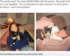 同時期に同じようなネコを飼っていた2人（画像は『Metro　2021年4月20日付「Identical twins reunite on 36th birthday after being adopted from Korea at birth by separate US families」（Picture: GMA）』のスクリーンショット）
