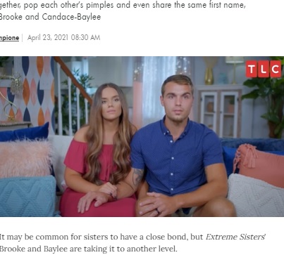 ブルックさんと苛立ちを隠せない夫のデンバーさん（画像は『People.com　2021年4月23日付「Extreme Sisters: 2 Adult Siblings Continue to Sleep in the Same Bed in New TLC Series」（CREDIT: TLC）』のスクリーンショット）