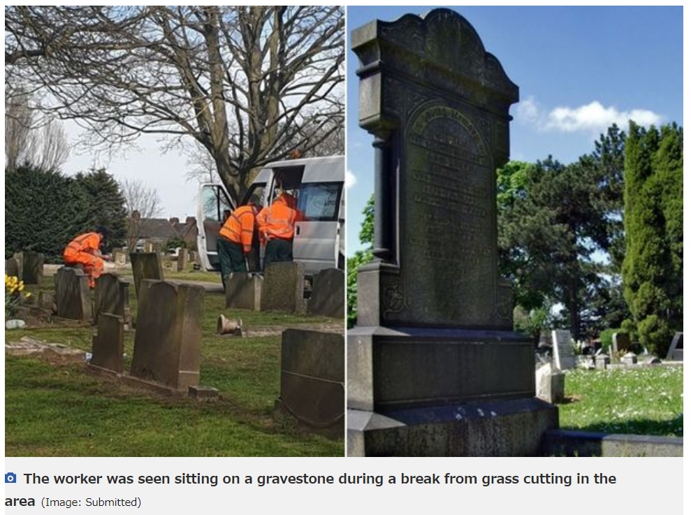 写真撮影者は「行き過ぎた行為」と怒りを露わに（画像は『Grimsby Telegraph　2021年4月1日付「North Lincolnshire Council apologises after workman pictured sitting on gravestone during smoke break」（Image: Submitted）』のスクリーンショット）